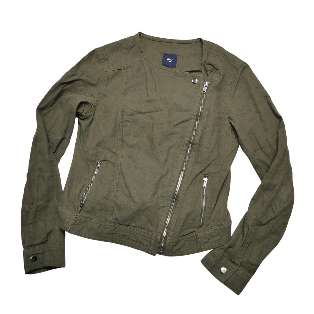 Gap Jacket Womens XS Green Linen Moto Biker Asymmetrical‎ Zip Pockets Short